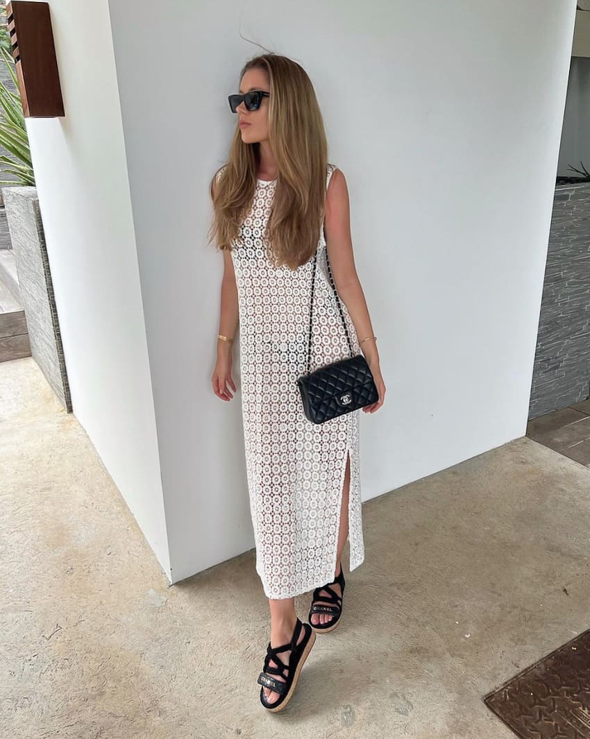 image of a woman in a crochet knit cover-up tank dress over a black bikini, with black sandals, and a designer purse