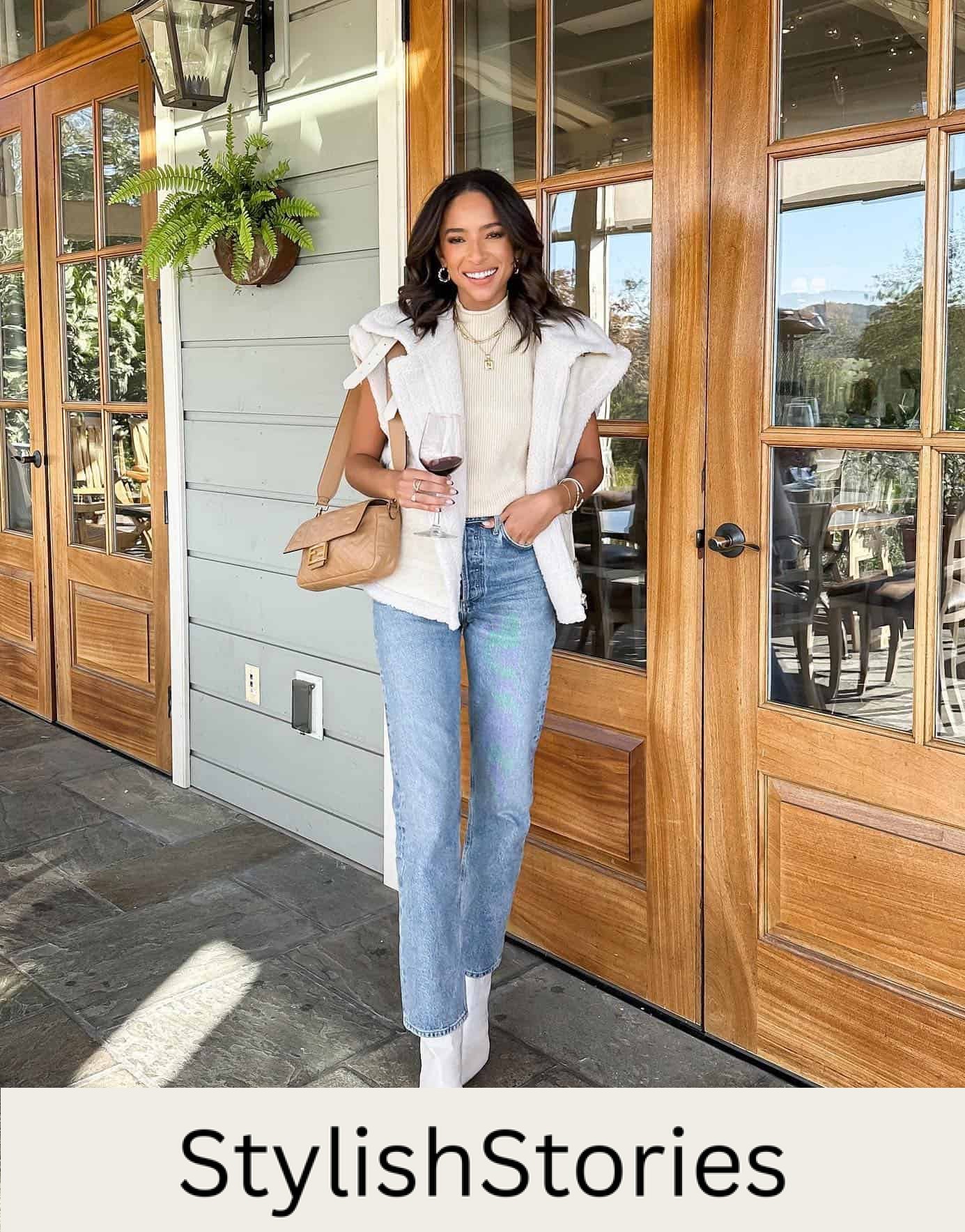 woman wearing a cream vest over a knit t-shirt with jeans, and white ankle boots at a wine tasting