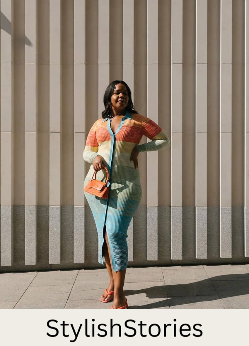 image of a plus size black woman wearing a colourful ribbed knit dress with orange kitten heels 