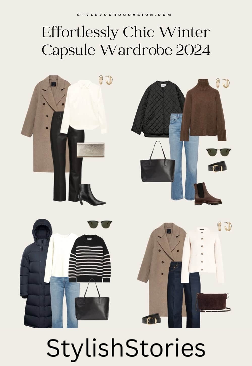 collage of four winter capsule wardrobe outfits with chic and stylish neutral clothing, shoes, and accessories