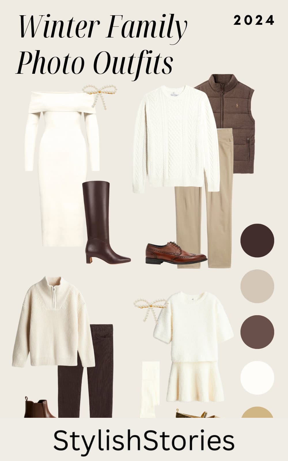 an image board of winter family photo outfits featuring ivory, cream, and shades of brown