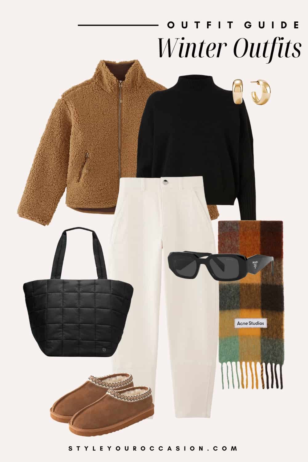 Flat lay outfit graphic of white jeans with a black sweater and a sherpa coat.