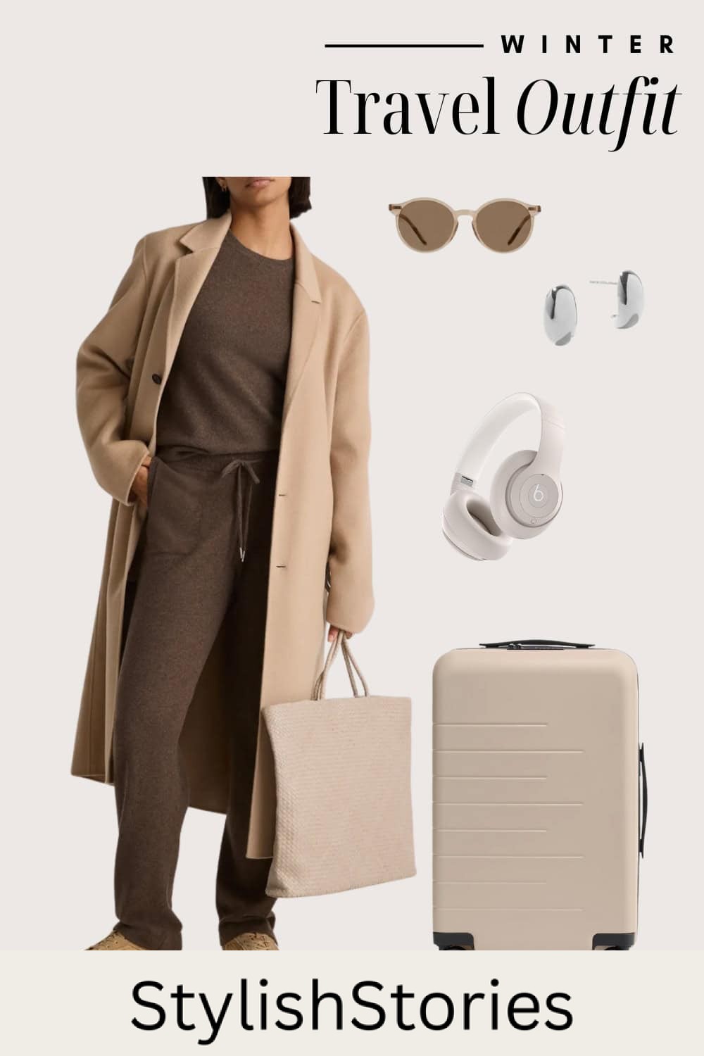 Graphic of a winter travel outfit including a sweat set, long coat, suitcase and accessories.