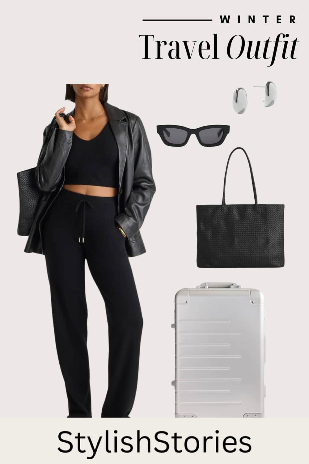 Graphic of a winter travel outfit including sweatpants with a leather jacket and a suitcase.