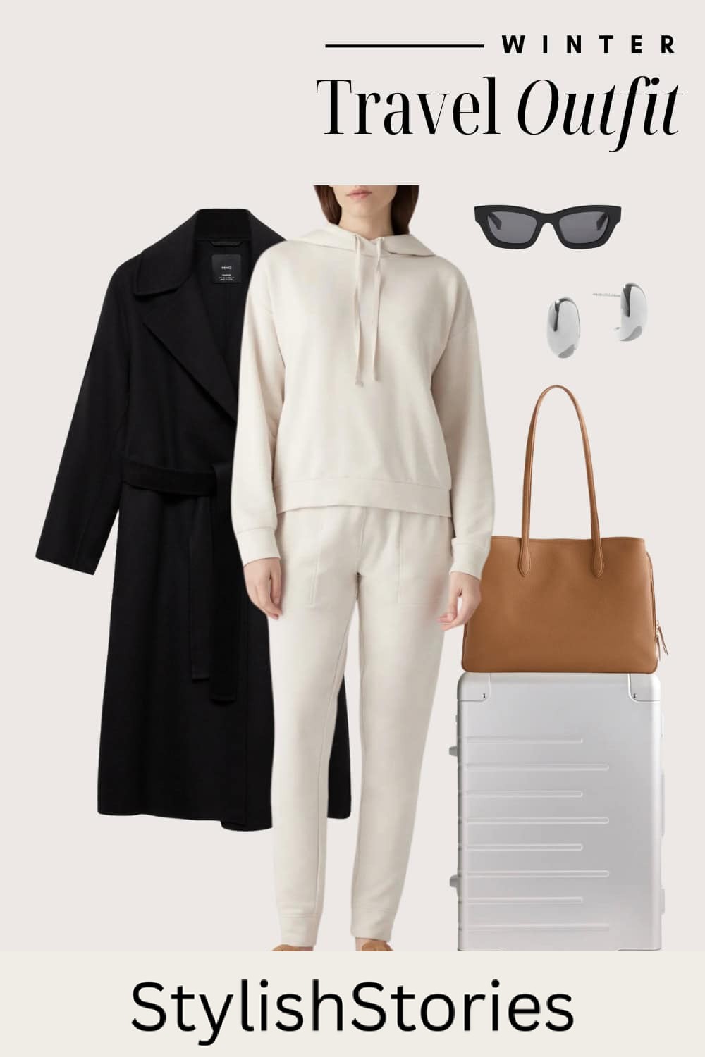 Graphic of a winter travel outfit including a matching sweat set with a long coat.