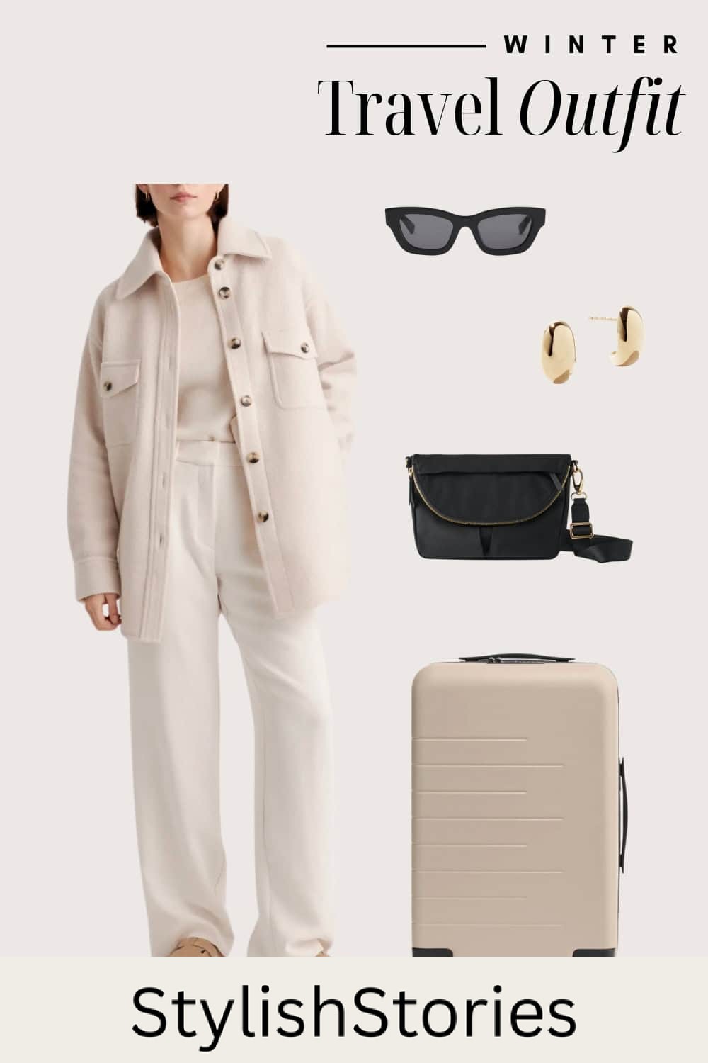 Graphic of a winter travel outfit including and all white outfit and a beige suitcase.