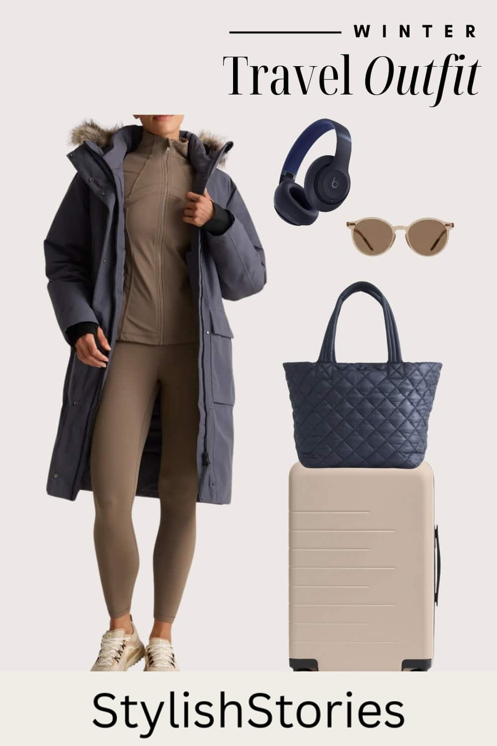Graphic of a winter travel outfit including leggings, a zip-up jacket, a heavy coat, a suitcase and a bag.