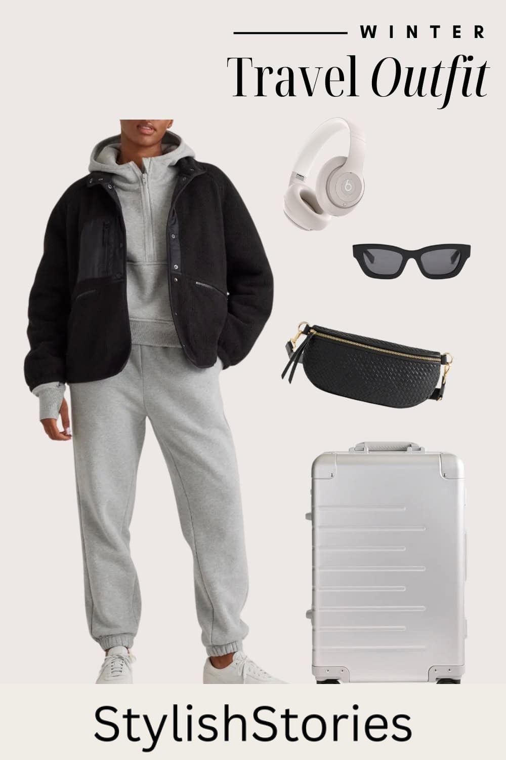 Graphic of a winter travel outfit including a sweat set with a puffer coat and a suitcase.