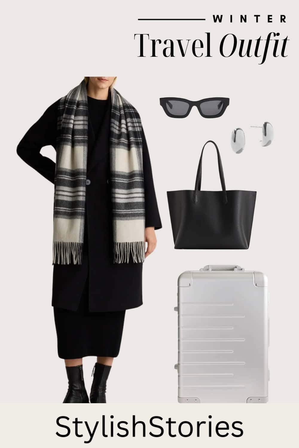 Graphic of a winter travel outfit including a comfy dress with a jacket and a scarf.