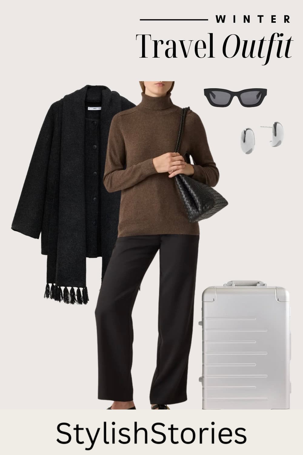 Graphic of a winter travel outfit including trousers, a sweater, a coat and a scarf.