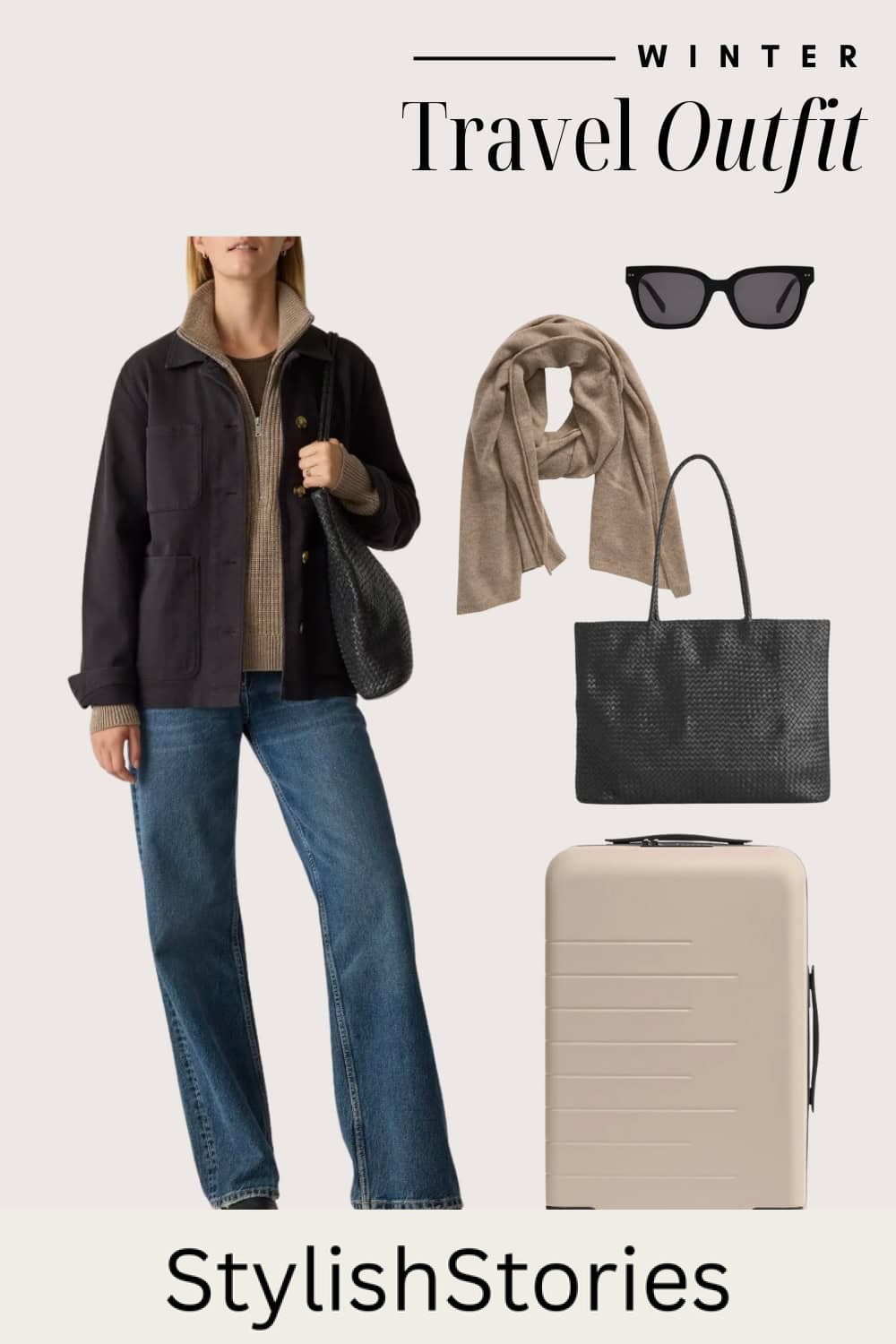 Graphic of a winter travel outfit including jeans, a quarter zip and a large coat.
