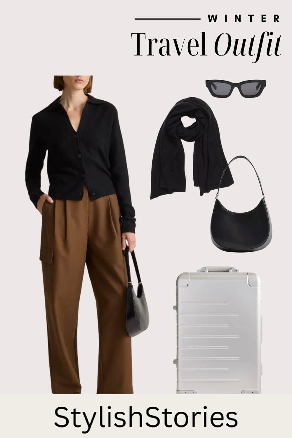 Graphic of a winter travel outfit including trousers, a cardigan, a scarf and a suitcase.