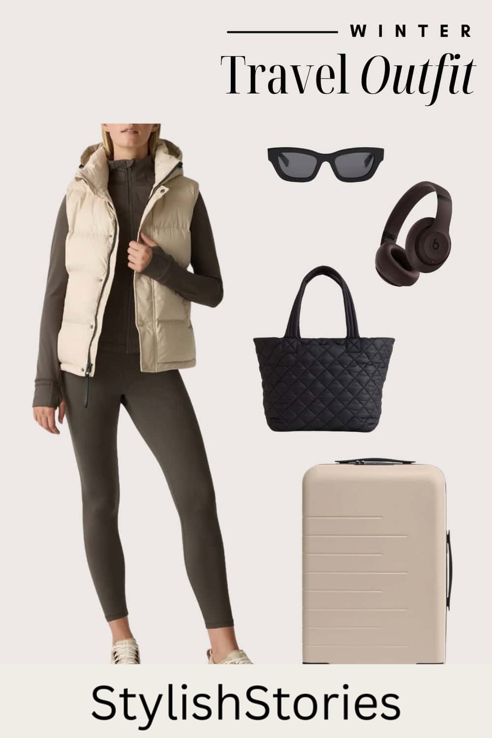Graphic of a winter travel outfit including leggings and a vest.