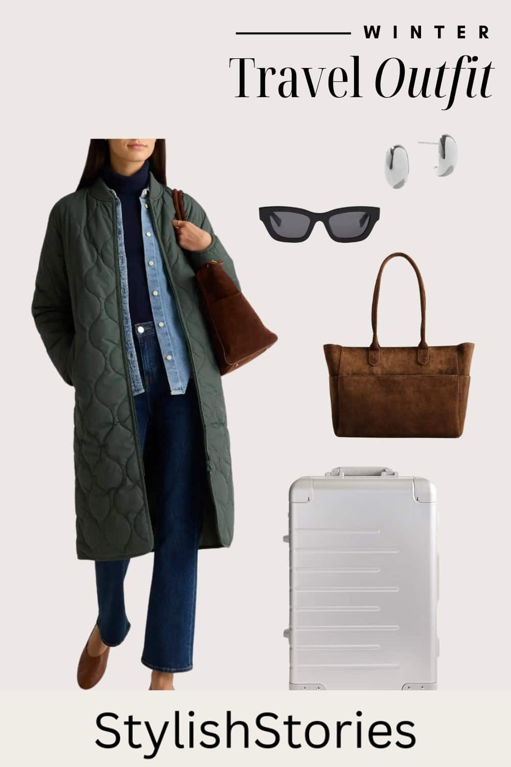 Graphic of a winter travel outfit including jeans, a quilted coat with flats and a suitcase.