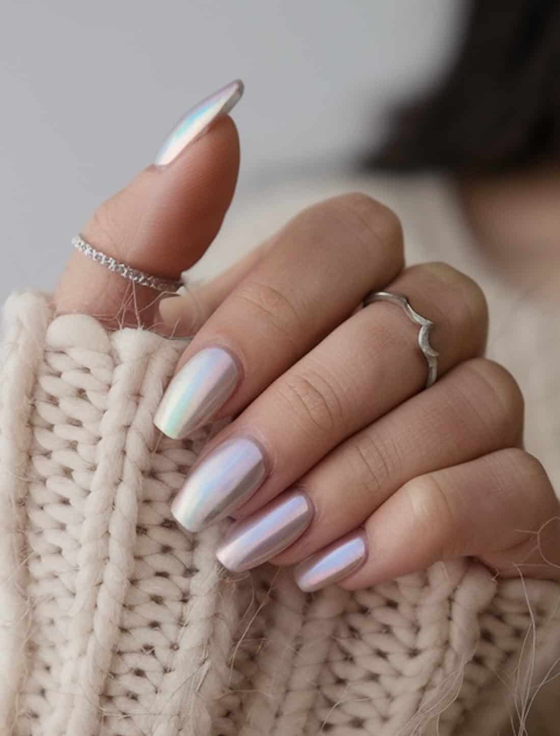iridescent nail polish on short tapered nails