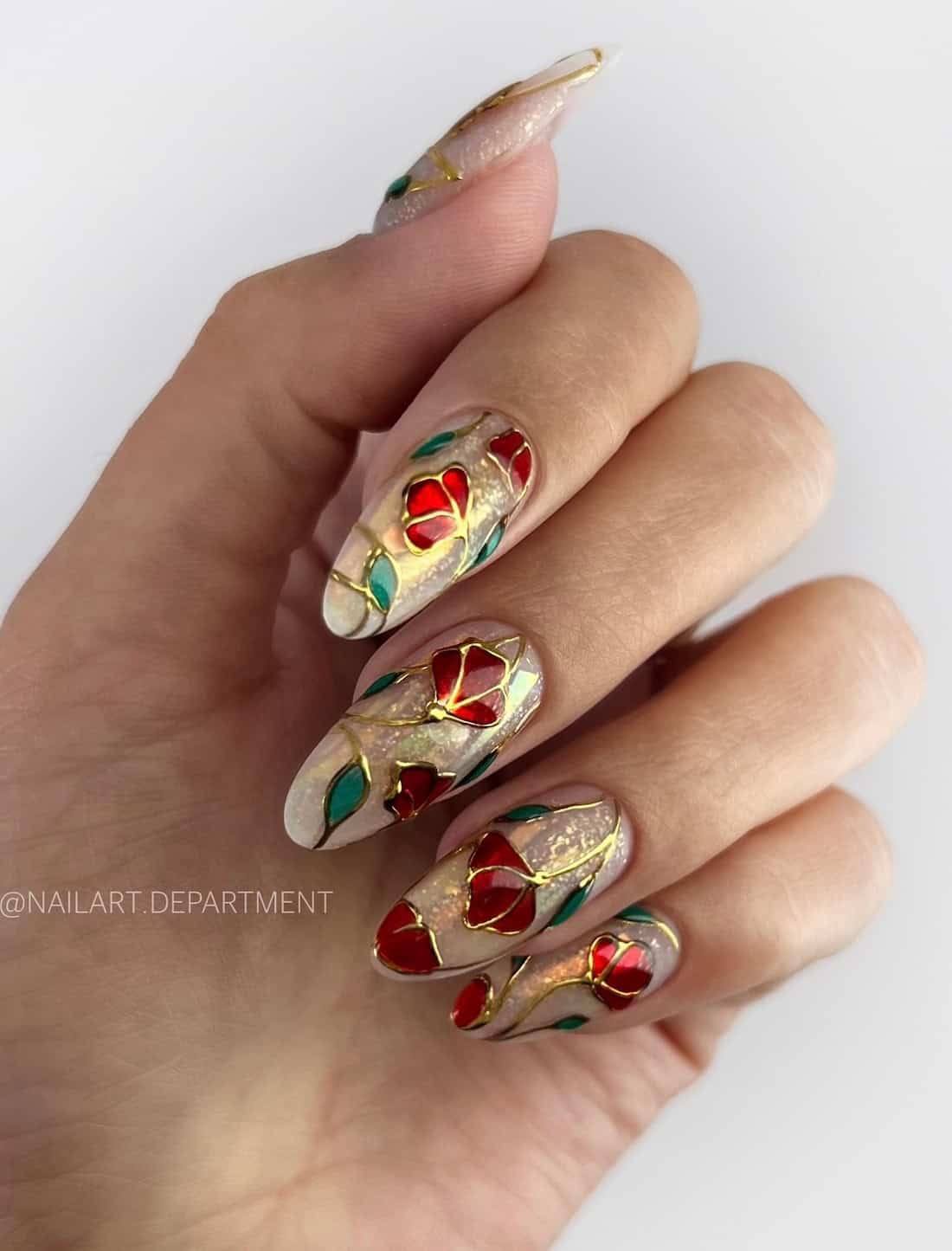 long almond nails with castlecore inspired stained glass nail art