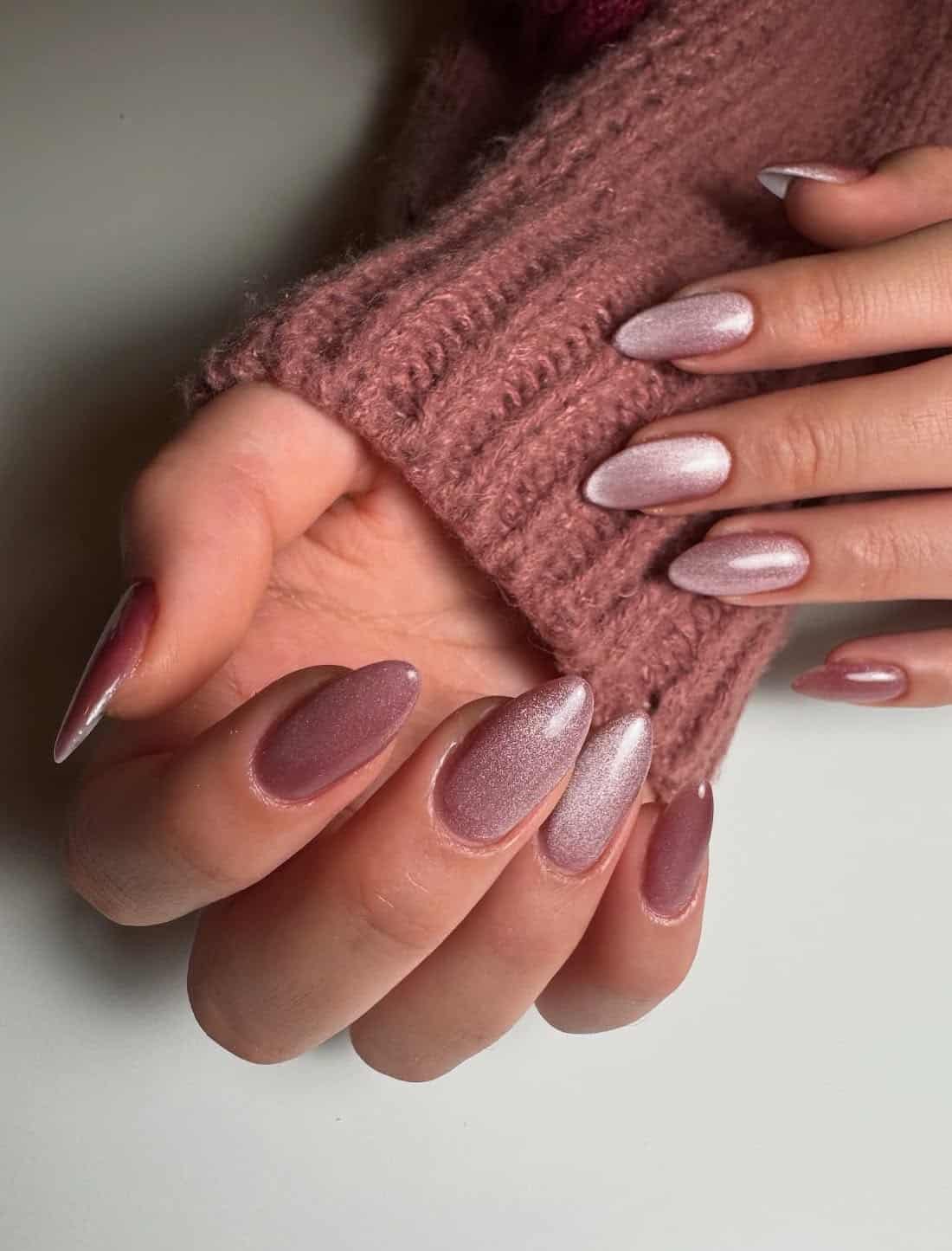 long pink cat eye almond nails