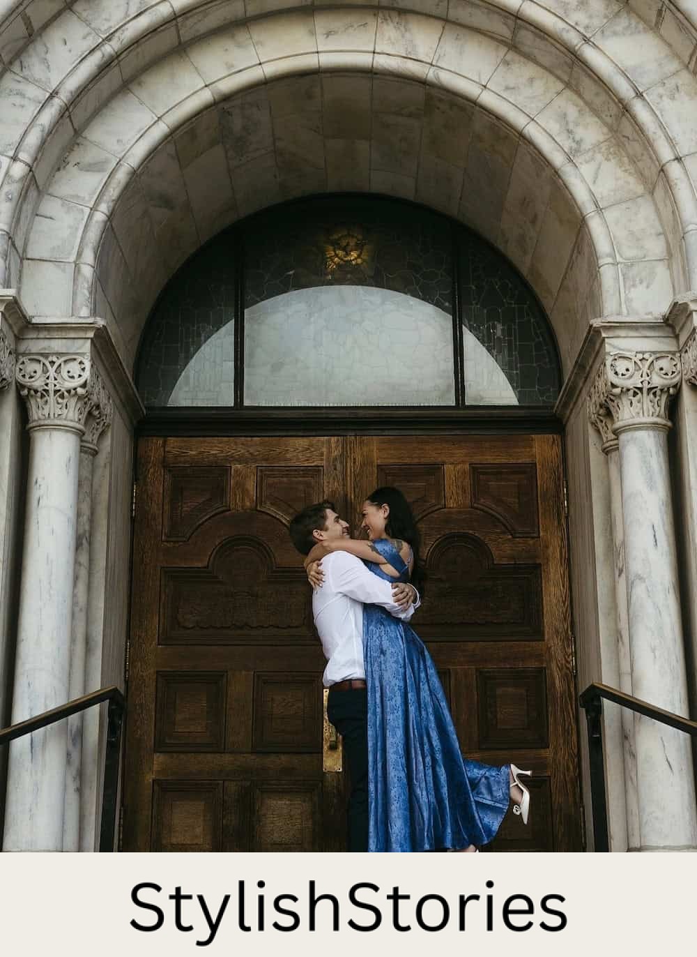 engagement photos featuring a couple wearing elevated pieces like suit separates and a gown