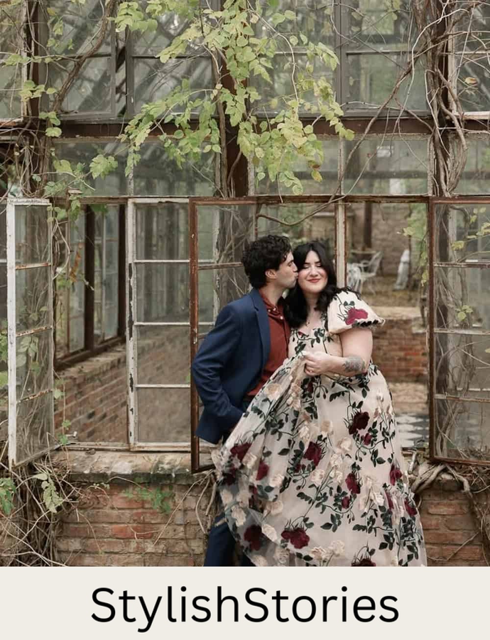 engagement photos featuring a couple wearing garden inspired outfits including a floral gown and navy suit