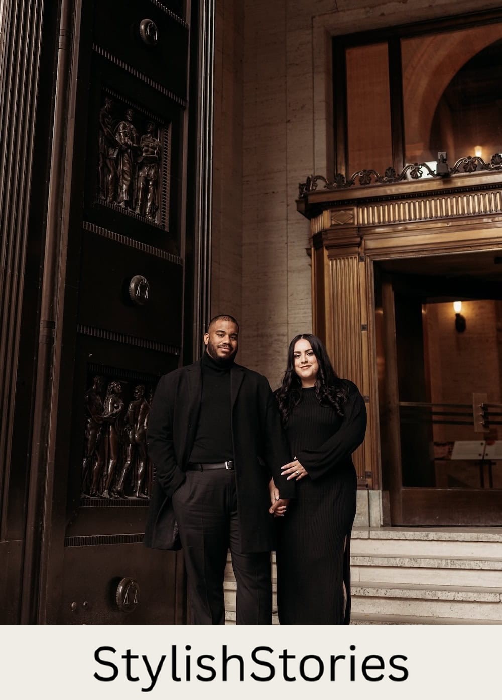 engagement photos featuring a couple wearing fully black elegant outfits