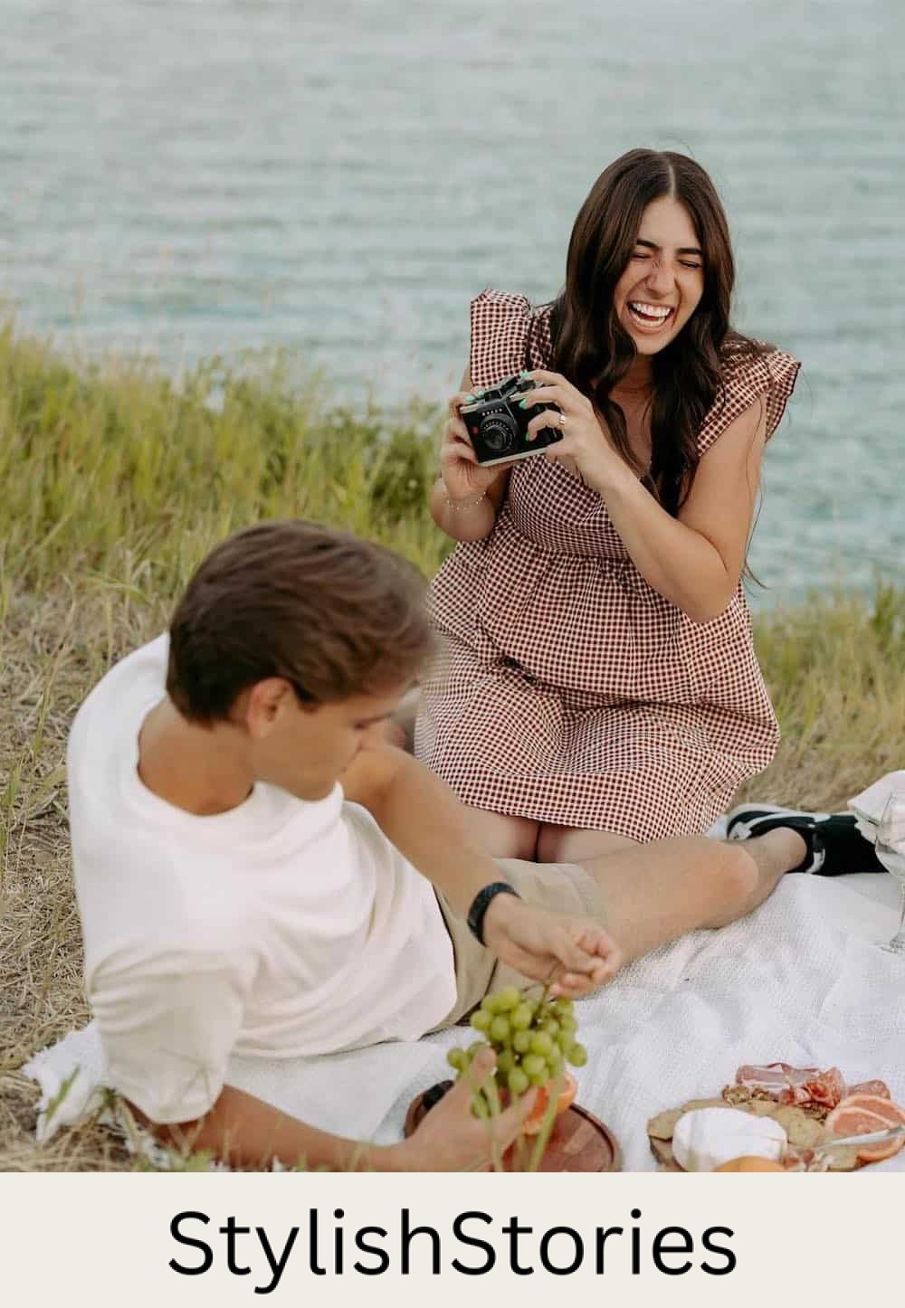engagement photos featuring a couple wearing casual picnic style outfits