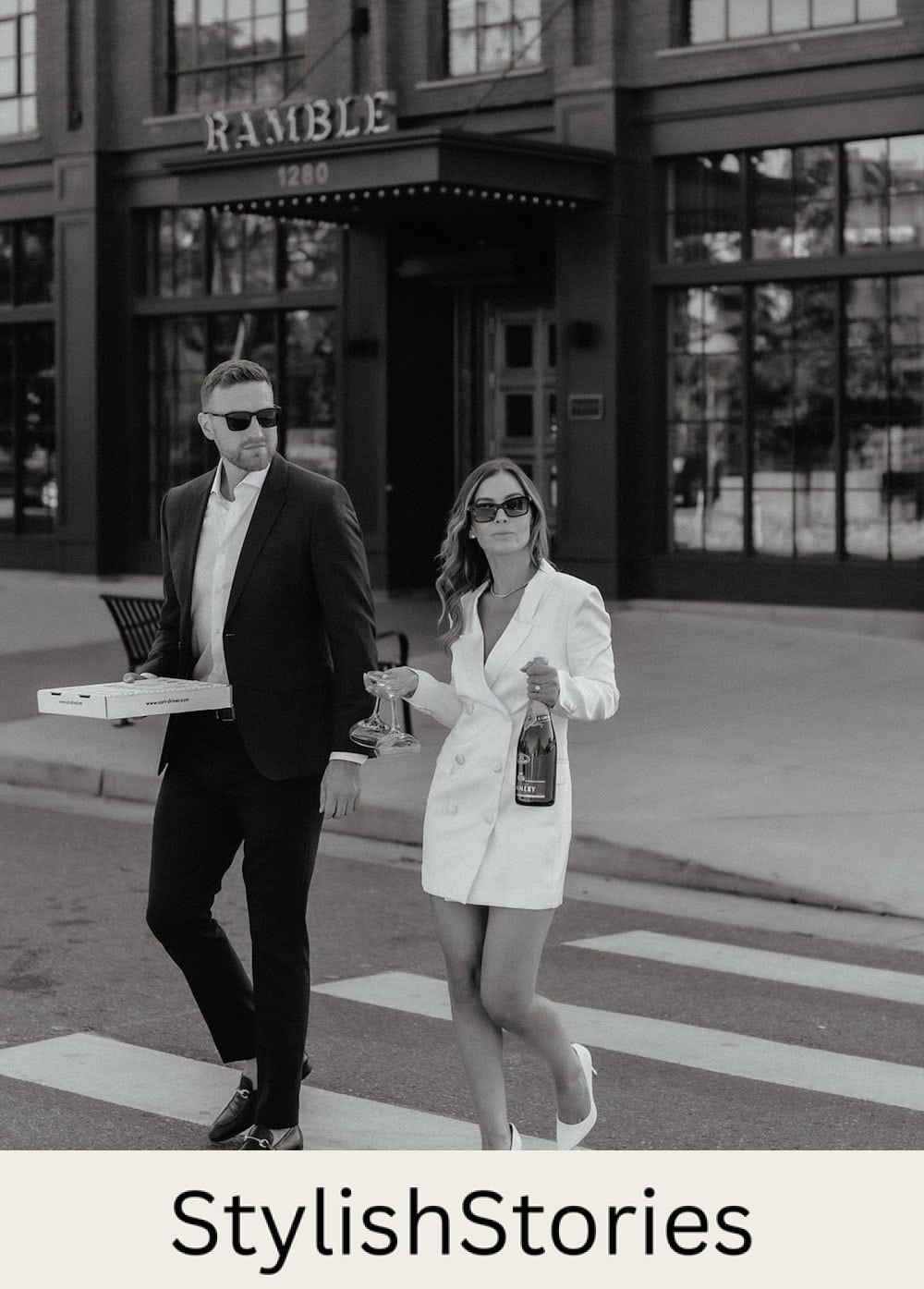 engagement photos featuring a couple wearing elegant semi formal wear