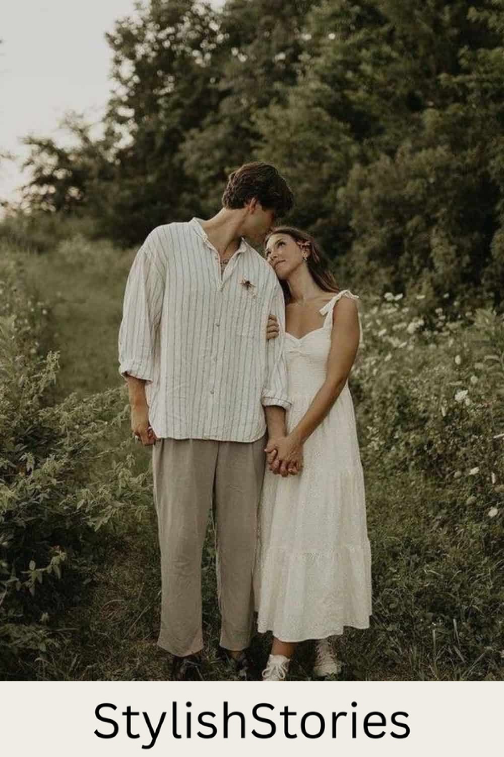engagement photos featuring a couple wearing casual but elegant summer pieces