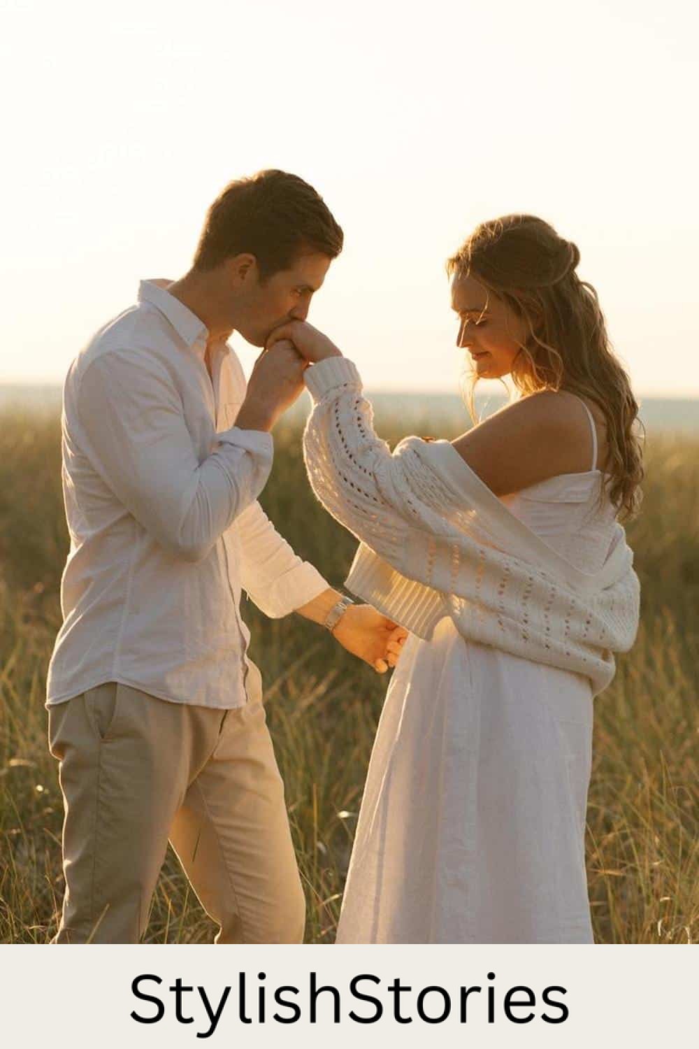engagement photos featuring a couple wearing classy casual outfits