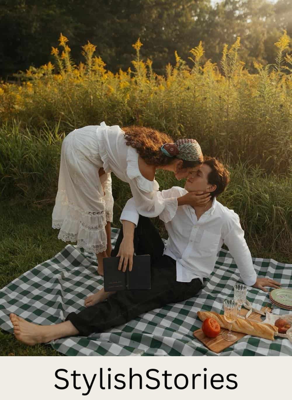 engagement photos featuring a couple wearing boho picnic pieces
