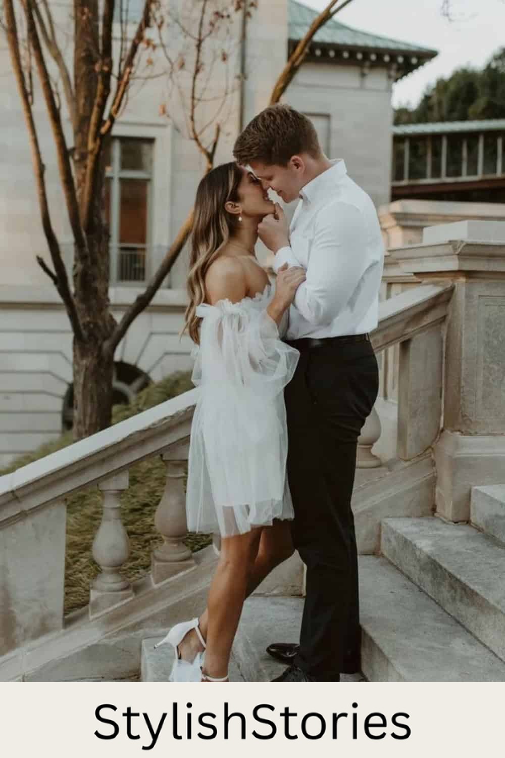 engagement photos featuring a couple wearing formal bridal wear pieces