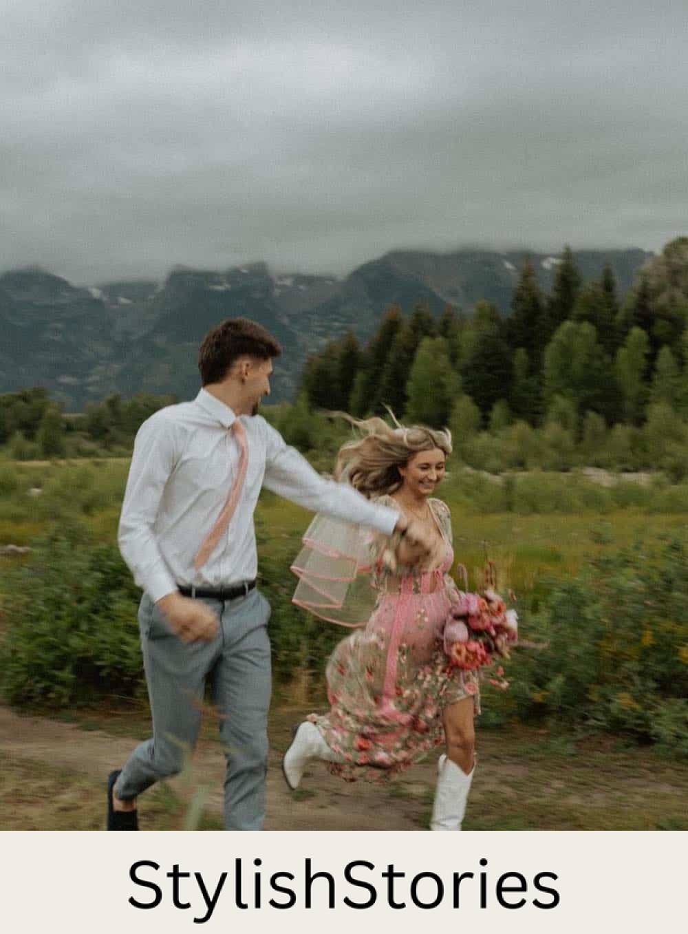 engagement photos featuring a couple wearing suit separates and a floral gown