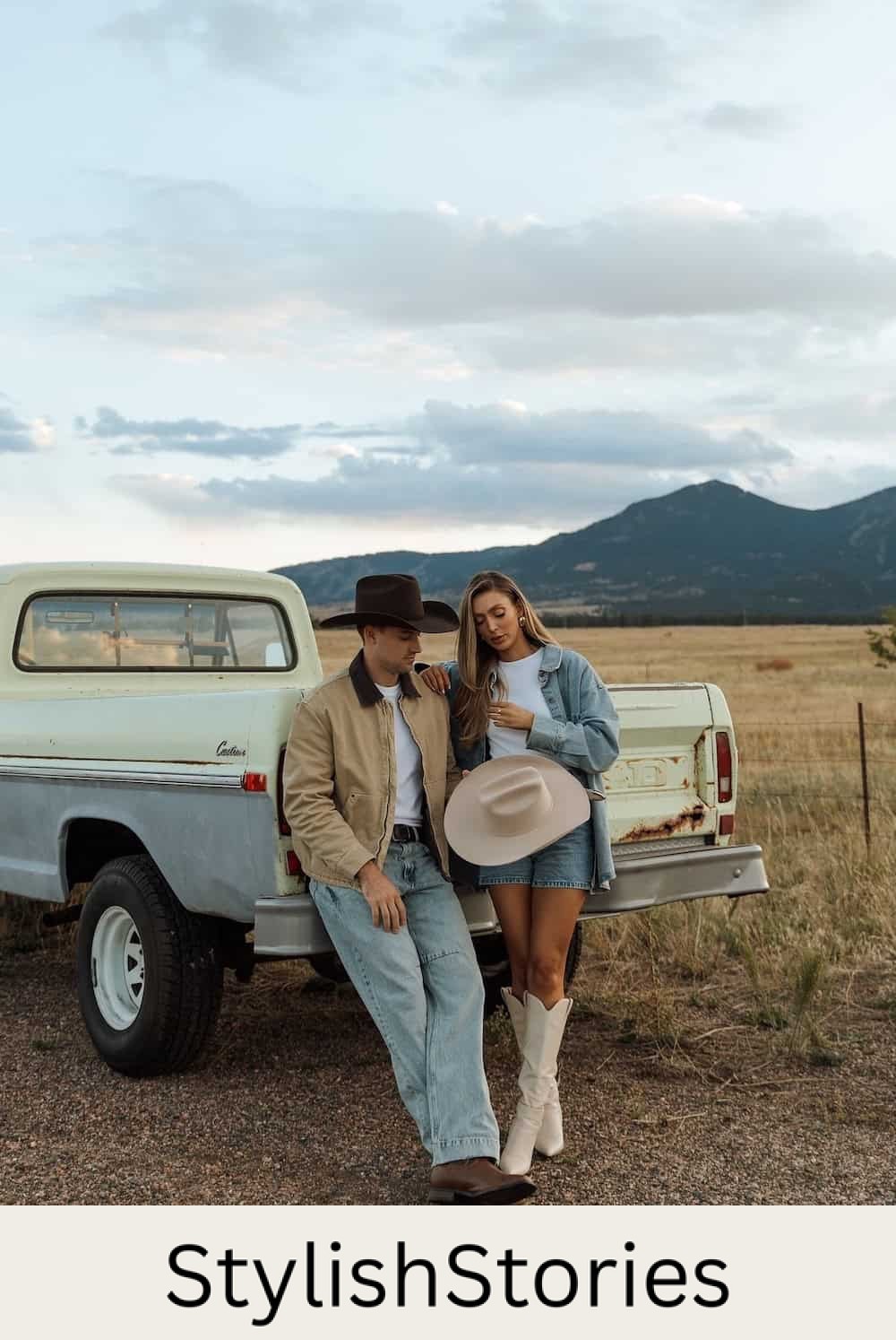engagement photos featuring a couple wearing western inspired casual denim outfits