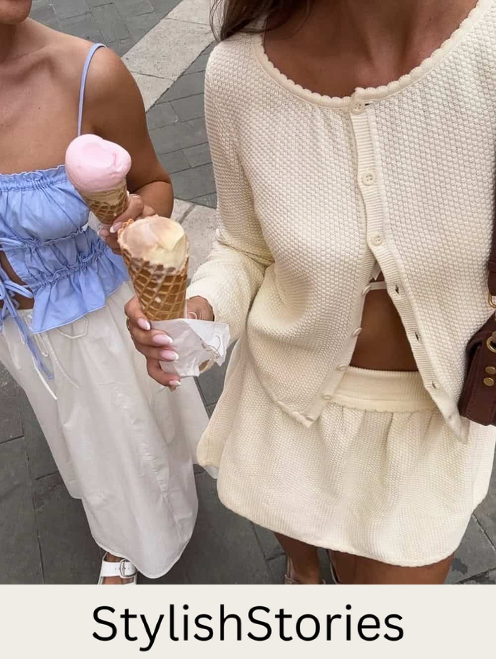 two women wearing feminine tops and skirts with sandals