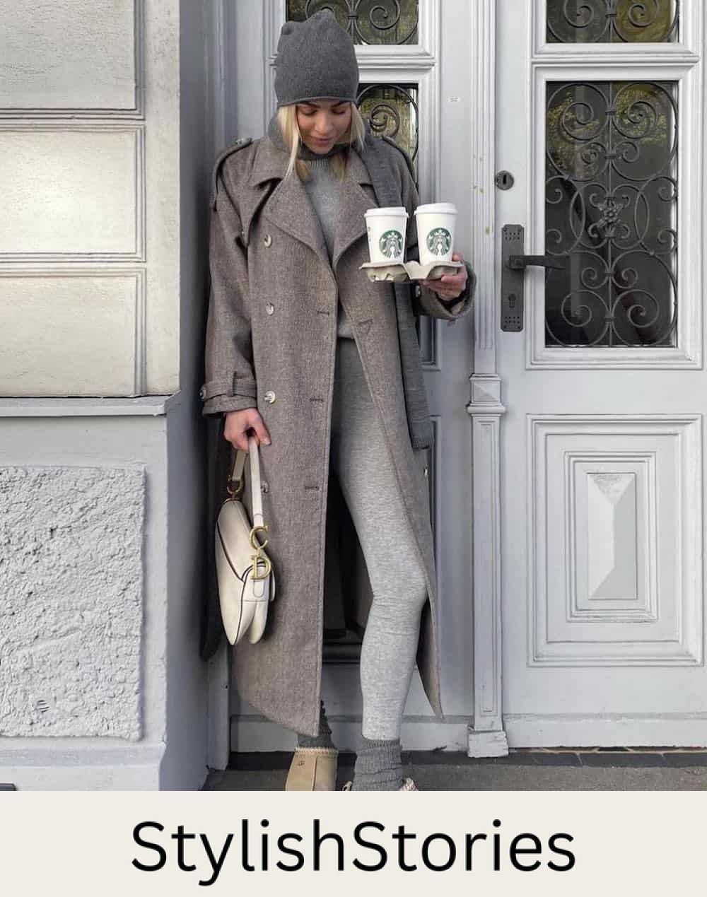 Woman wearing a long grey coat with grey leggings and Ugg boots.