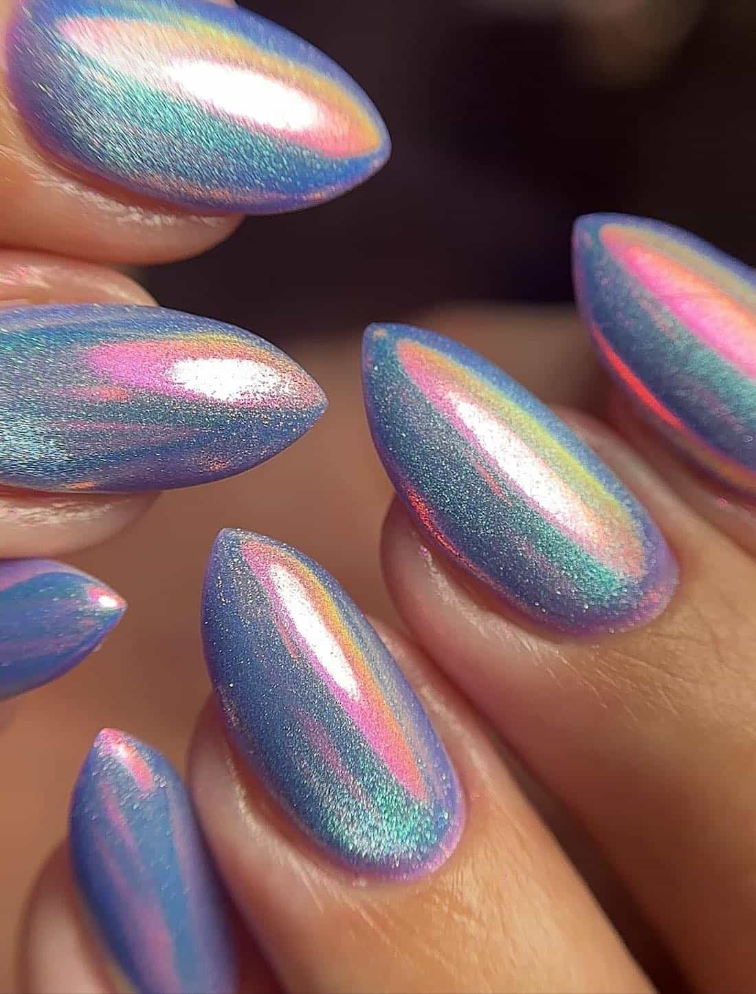 short stiletto nails with blue magnetic chrome
