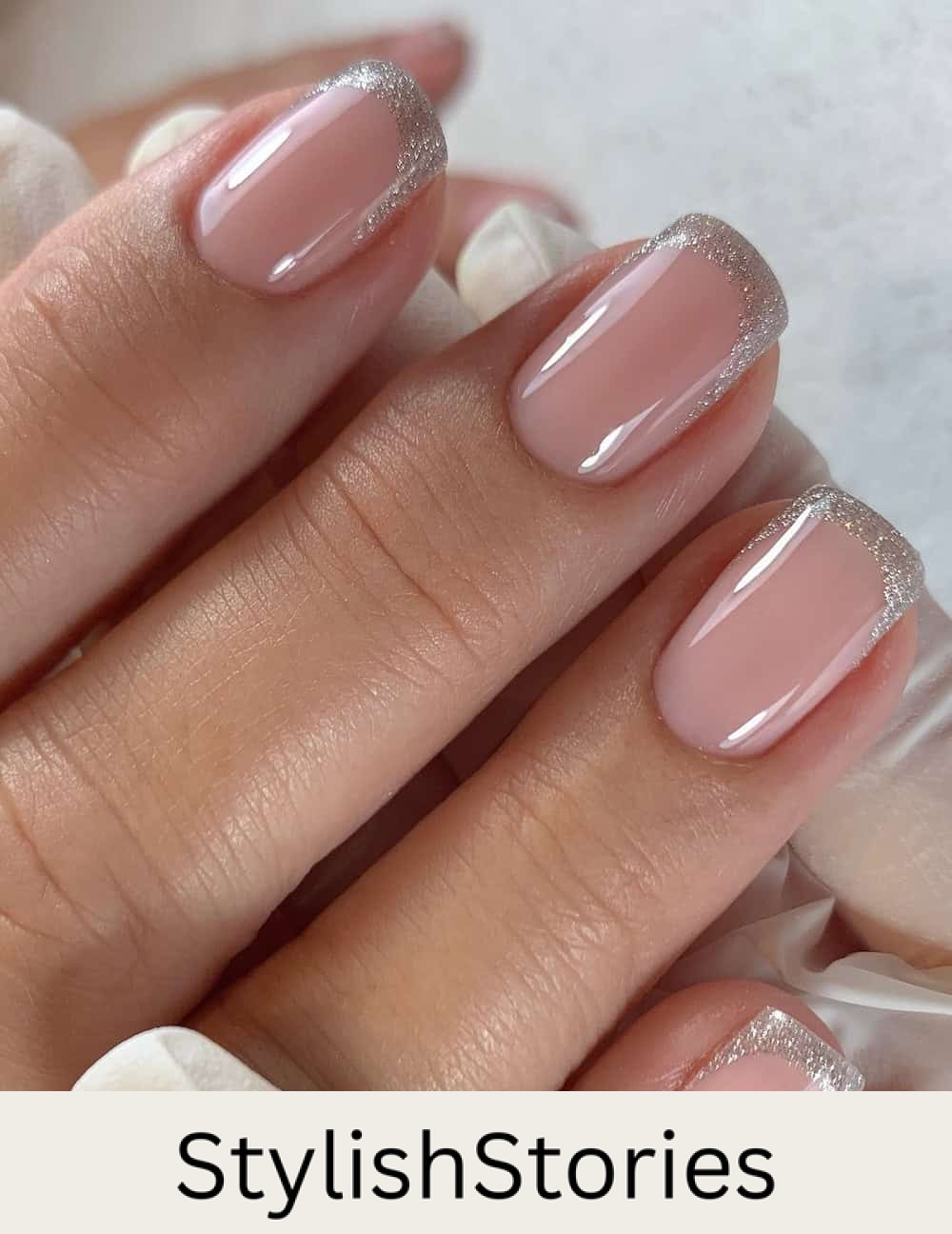 short square silver glitter french tips