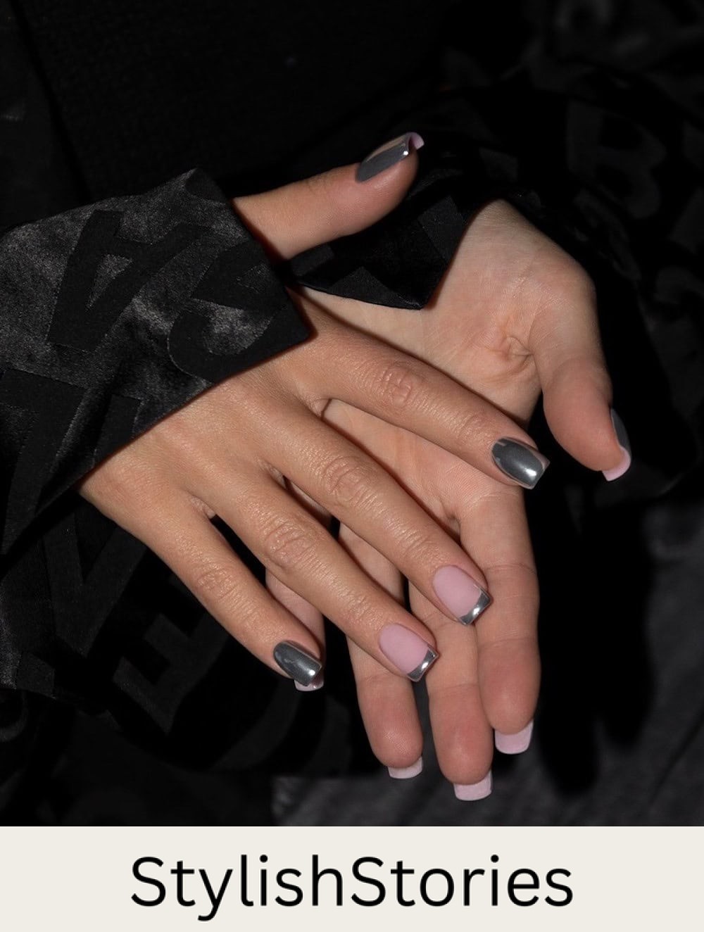 short silver square nails with metallic french tip accent nails
