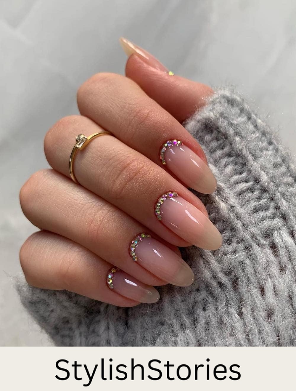 long nude nails with crystal cuticle cuffs