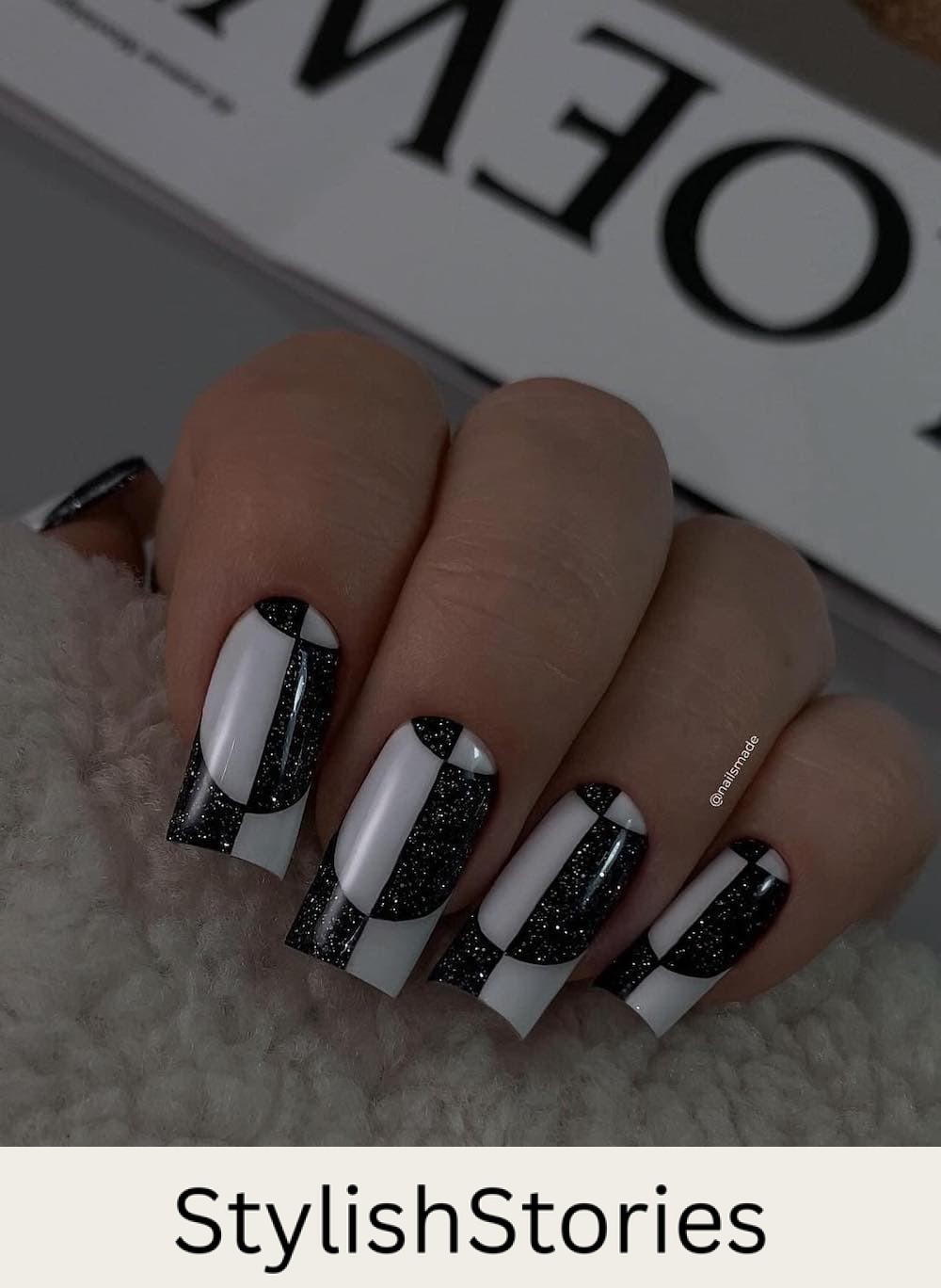 long square nails with funky neutral checkerboard and glitter accents