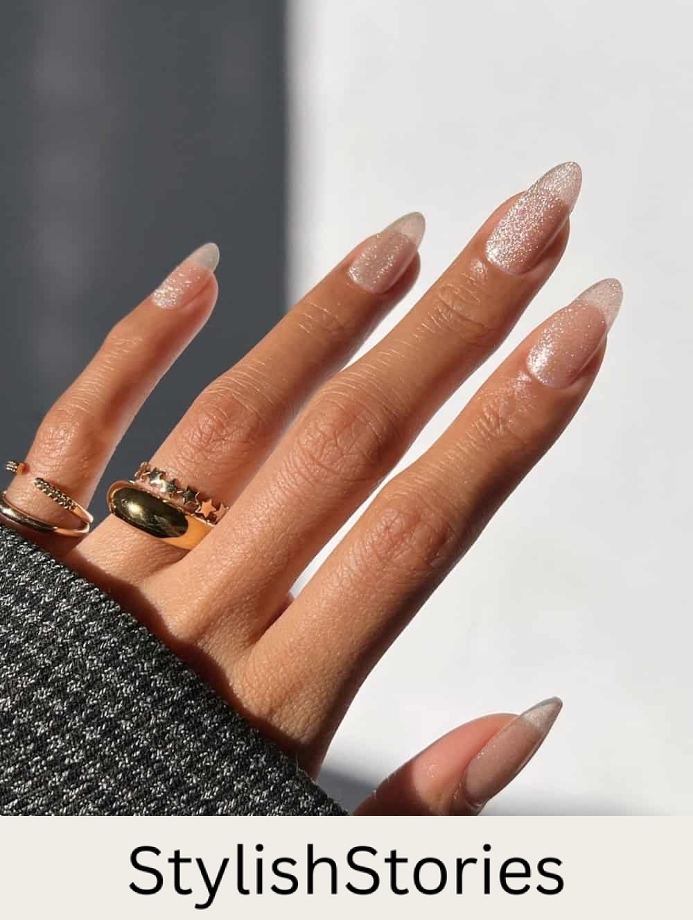 long almond nails with shimmering polish