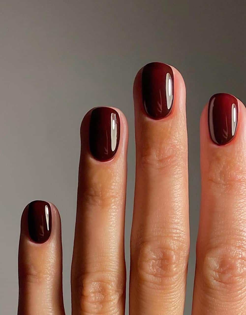 short round burgundy red nails