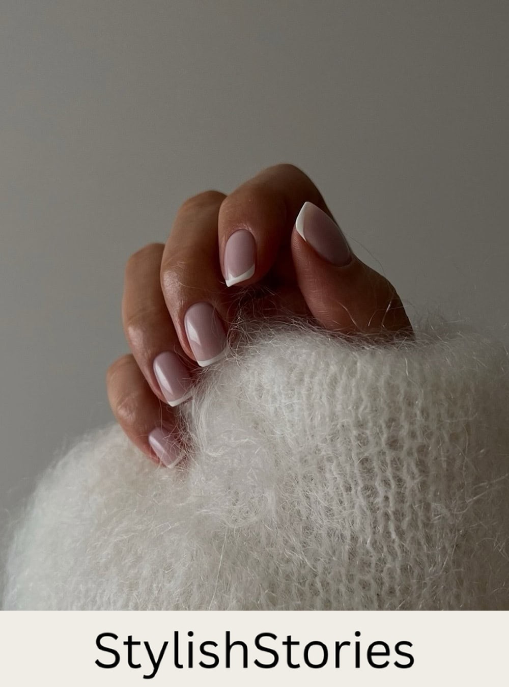 short square nude pink nails with white tips