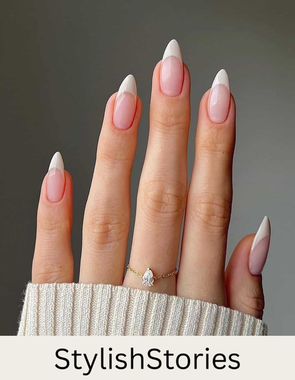long nude pink almond nails with white tips