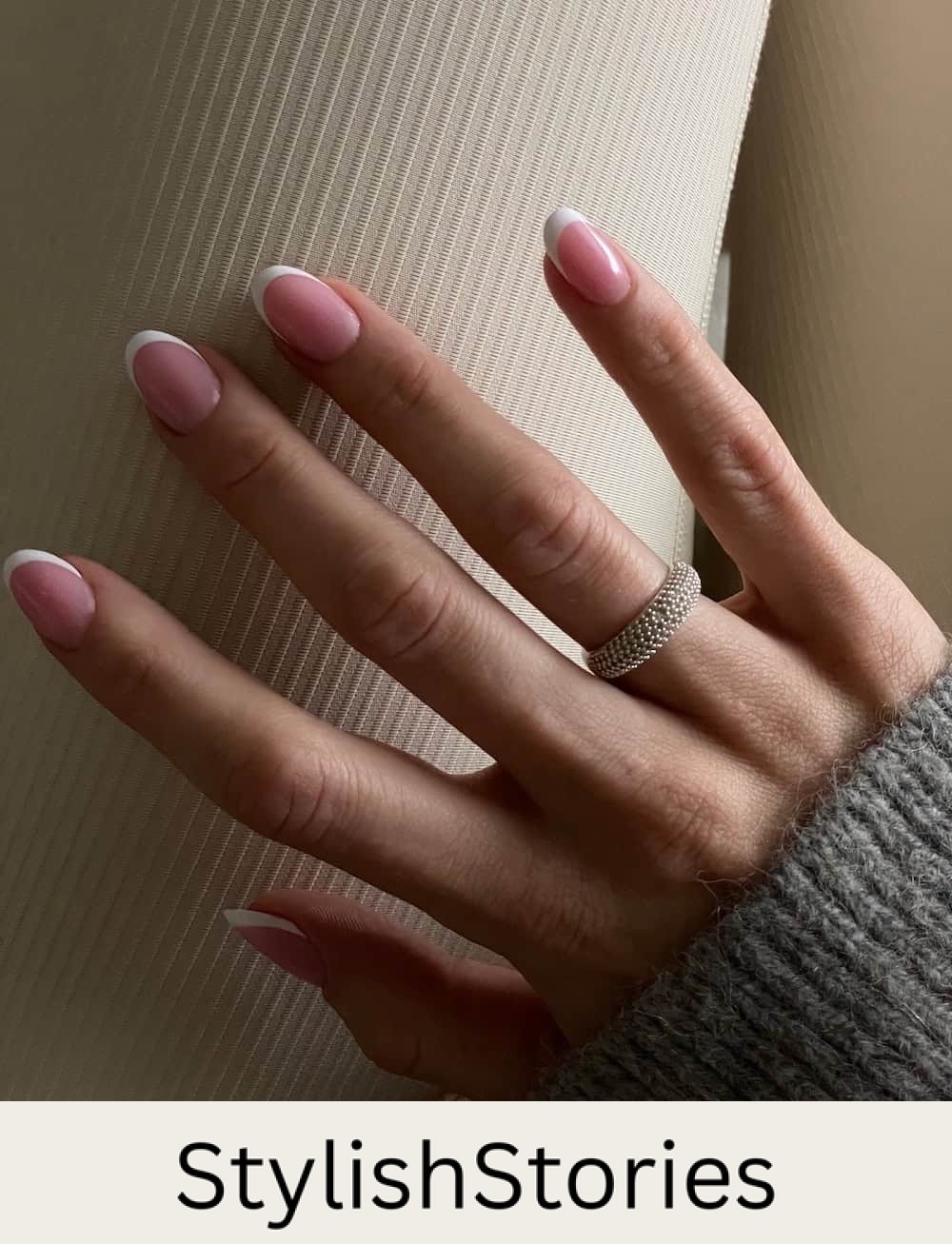 short light pink round nails with white tips