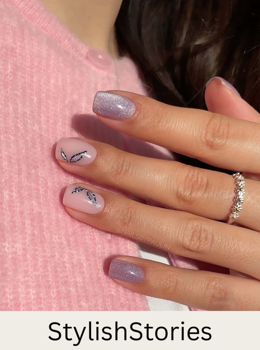 short square nails with velvet purple nails and nude accent nails with butterfly art