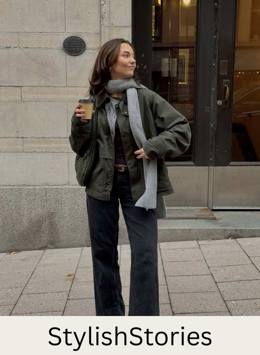 Woman wearing black jeans and a cargo jacket.