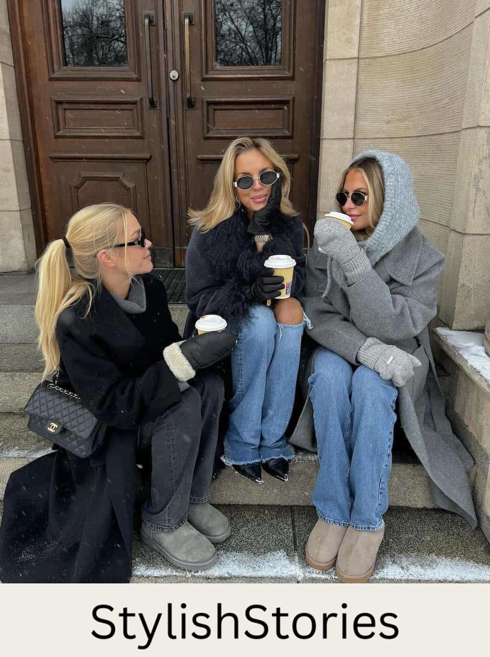 Three women wearing jeans, boots and long boats.