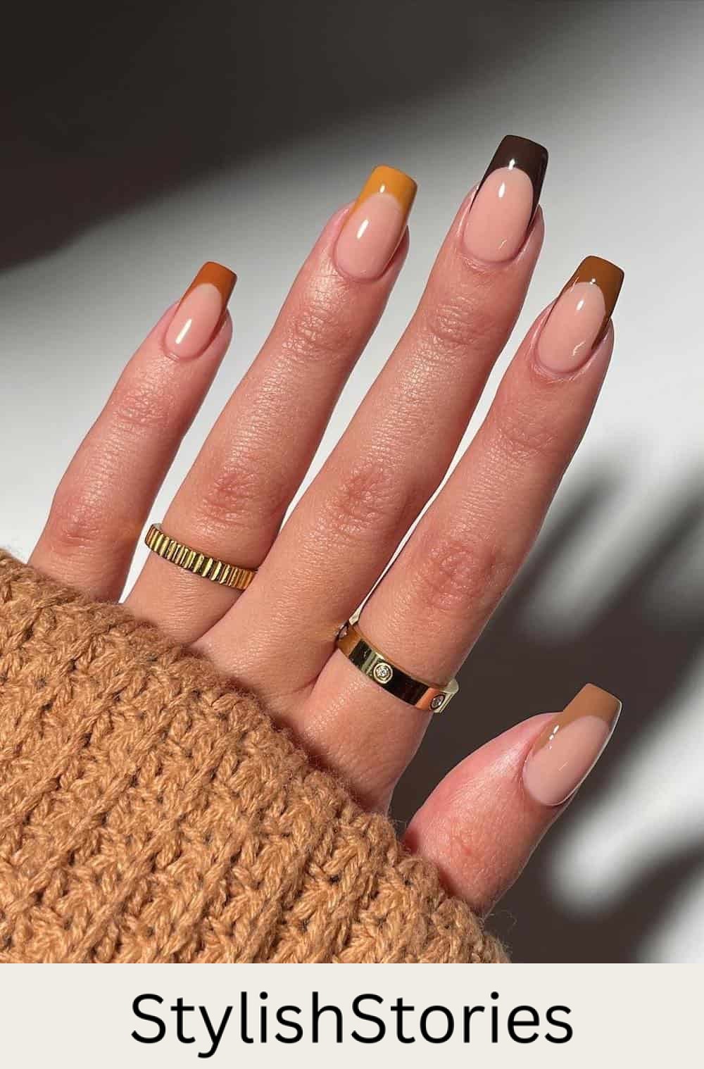 long square nude nails with autumn ombre tips