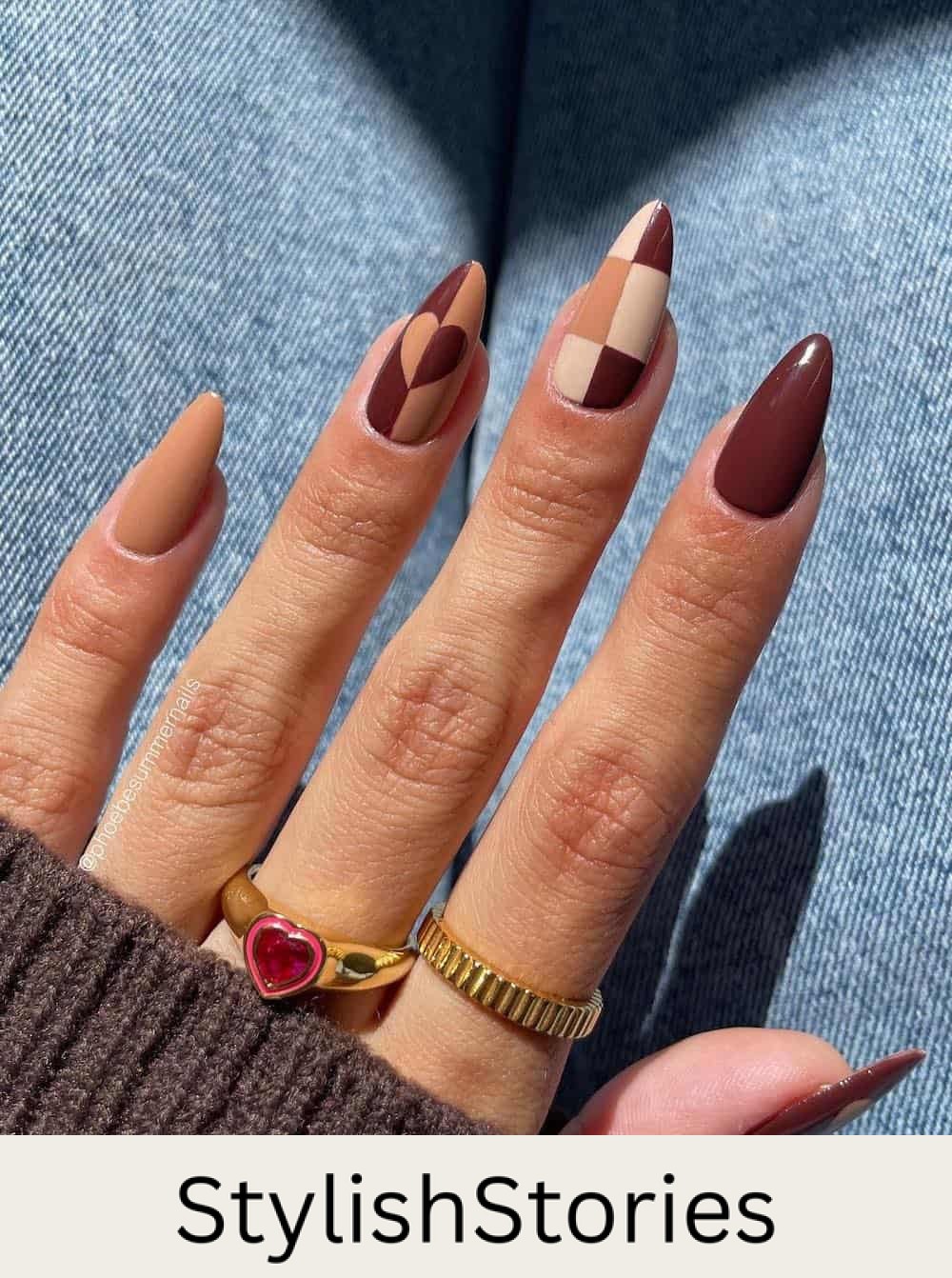medium almond nails with retro brown, beige, and cream nail art