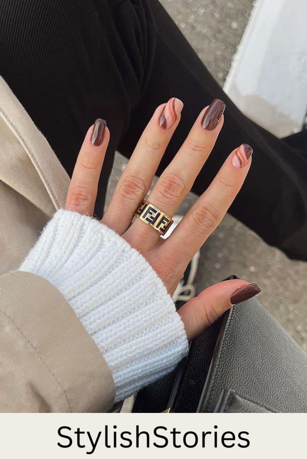 brown squoval nails with wave accent nails
